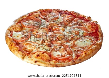 Large delicious pizza isolated on a white background. One hundred percent sharpness.