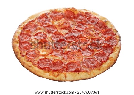 Large delicious pizza with salami and tomatoes, isolated on a white background. One hundred percent sharpness.