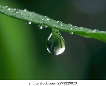 A large dewdrop hangs from the tip of a green leaf. Close up - Powered by Shutterstock