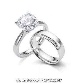 Large Diamond Ring with Diamond Wedding Ring Jewellery Set on White Background - Shutterstock ID 1741120547