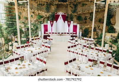 Large Dining Table Set For Wedding, Dinner Or Another Corporate Event With Beautiful Decoration