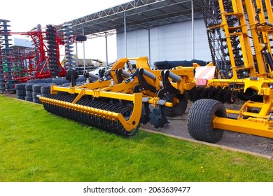 Large Disc Plough, Towing For Tractors To Plow Fields, Against The Sky