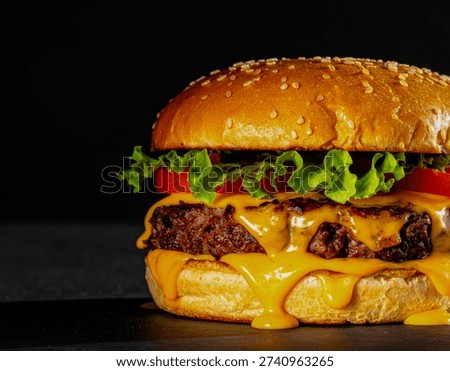 A large double cheeseburger with melted cheese lettuce and tomato on a toasted bun