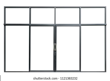 Large Double Open Glass Door Isolated On White Background, Modern Black Window Interior Of Front Store For Design