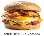 A large egg sandwich with bacon and cheese. The sandwich is a delicious and hearty meal that is perfect for breakfast or brunch