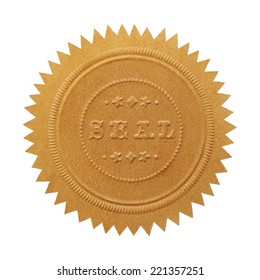 Large Embossed Gold Seal With Copy Space Isolated On White Background.