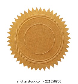 Large Embossed Gold Seal With Copy Space Isolated On White Background.