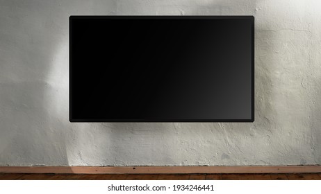 Large Empty Black Flatscreen Hanging On White Concrete Wall. Concept Presentation And Advertising.