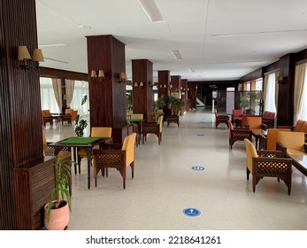 Large Empty Dining Room Of Hotel With Covid Precautions. Hotel Chellah, Tangier, Morocco. October 2nd 2022