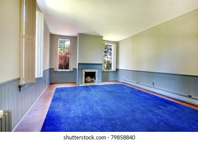 Large Empty Living Room With Blue Rug And Fireplace. Amazing Home From 1856 Has Never Been Touched Since Then. All Details Remain Original. Lakewood, Washington State, US.