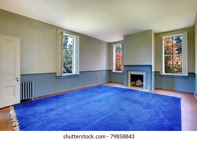 Large Empty Living Room With Blue Rug And Fireplace. Amazing Home From 1856 Has Never Been Touched Since Then. All Details Remain Original. Lakewood, Washington State, US.