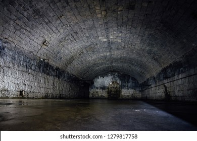 Large Empty Old Dark Underground Vaulted Cellar.