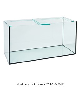 Large empty rectangular glass aquarium on white background. Clear glass indoor aquarium. Closeup.
