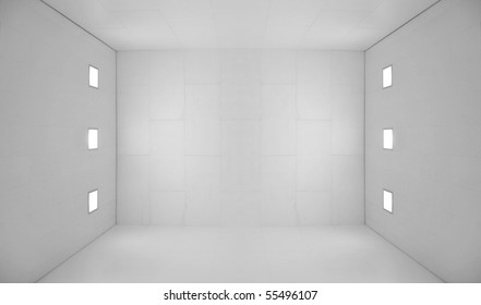 Large Empty Room With A Wooden Floor And White Wooden Tile Walls With Square Lights On The Ceiling And Lots Of Open Blank Empty Space.