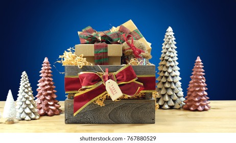 Large English Style Traditional Christmas Hamper With Paper Wrapped Gifts And Food. 