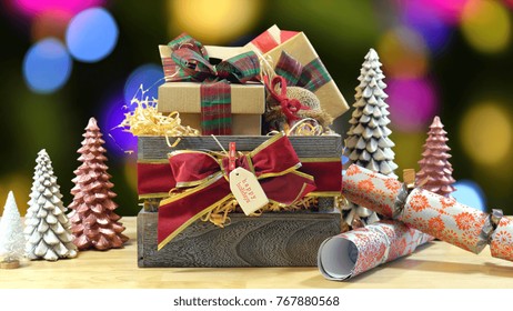 Large English Style Traditional Christmas Hamper With Paper Wrapped Gifts And Food. Static Against Bokeh Lights Of Christmas Tree. 