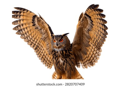 Large Eurasian Eagle Owl Flying With Massive Feath Isolated On White Background