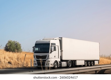 A large European trailer truck drives along a road with a grain field next to it. The truck is white to be able to make a mockup with perosonalized text or logo