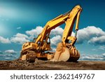 Large excavator on construction site on a sunny day with blue sky and fluffy clouds, cool modern look
