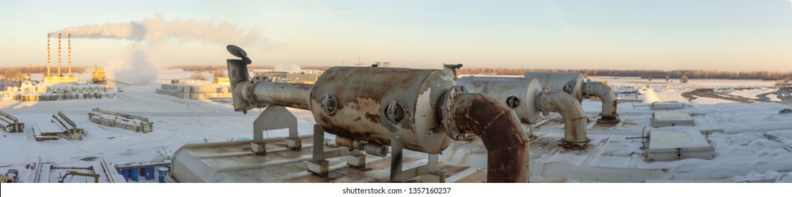 Large Exhaust Pipe Of The Diesel Generator In The Background Building Sites, Boiler Installation, Frost Smoke Panorama