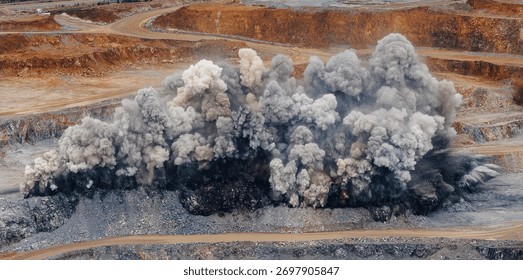 Large explosion dynamite at open pit mine during blasting operation, industry panorama.