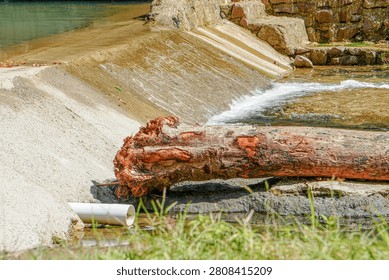 A large fallen tree log rests near a small concrete dam with running water in a rural river area, showing natural debris blocking or sitting by man-made water infrastructure.