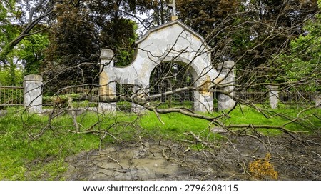 A large fallen tree with numerous leafless branches lying on the ground in front of a historic, decaying arched gate with a cross, surrounded by a metal fence in an overgrown, green park after a storm