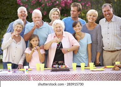 Large Family Group Celebrating Birthday Outdoors