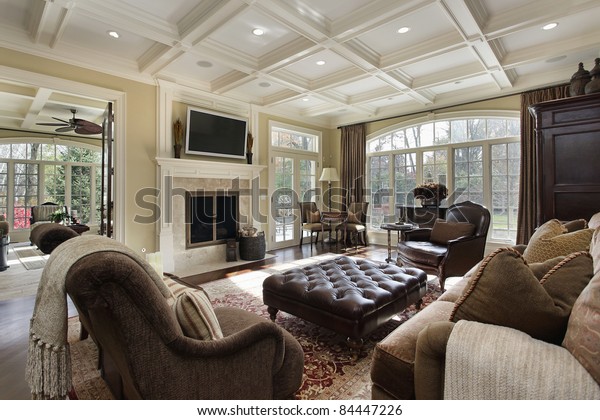 Large Family Room Fireplace Wall Windows Objects Interiors