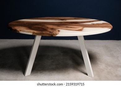 Large Family Table Made Of Natural Wood And White Epoxy