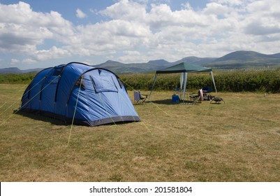 Large Family Tent And Gazebo On Welsh Coastal Campsite In UK.