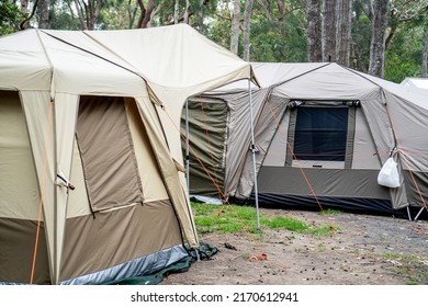 Large Family Tents On A Campsite Campground. Group Camping Vacation. Family Camping Trip