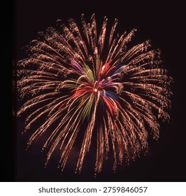A large firework explodes against a dark night sky, featuring a central burst with vibrant colors including red, green, and blue, surrounded by an outer layer of bright yellow sparks. The trails extend gracefully outward, creating a full, symmetrical display that captures the eye with its vivid and colorful brilliance.