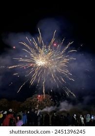 Large firework over a crowd in a park