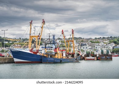 Large Fishing Boats Moored In Howth Harbour. Phishing And Shellfish Fishing Equipment On Fishing Boats, Dublin, Ireland