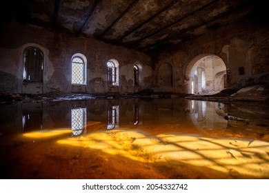 Large Flooded Hall Of Ruined Abandoned Church.