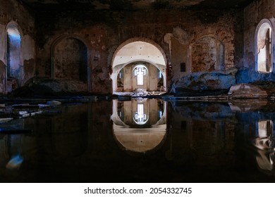 Large Flooded Hall Of Ruined Abandoned Church.