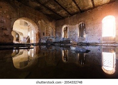 Large Flooded Hall Of Ruined Abandoned Church.