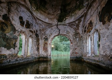 Large Flooded Hall Of Ruined Abandoned Church.