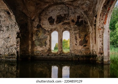 Large Flooded Hall Of Ruined Abandoned Church.