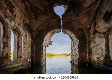 Large Flooded Hall Of Ruined Abandoned Church.