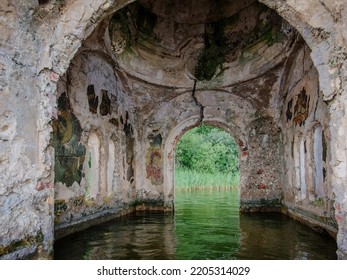 Large Flooded Hall Of Ruined Abandoned Church.