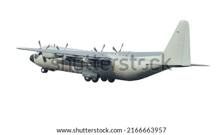 A large four-engine propeller military transport aircraft isolated on white background. This has clipping path.