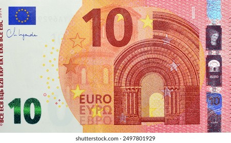 large fragment of the obverse of 10 ten Euro bill banknote, the currency of the European Union with Romanesque style Roman architecture on design, European euros money, inflation and money concept - Powered by Shutterstock