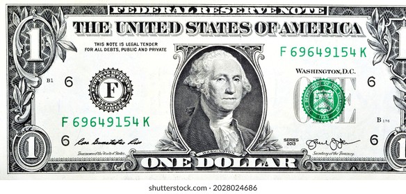 Large Fragment Of The Obverse Side Of 1 One Dollar Bill Banknote Series 2013 With The Portrait Of President George Washington, American Money Banknote, Vintage Retro, United States Of America