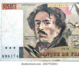 Large Fragment Of The Obverse Side Of 100 One Hundred French Cent Francs Banknote Currency 1979 By Bank Of France Features Portrait Of Eugène Delacroix, Old French Money, Vintage Retro, Uncirculated