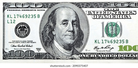 Large Fragment Of The Obverse Side Of 100 One Hundred Dollar Banknote Currency Series 2006 With The Portrait Of President Benjamin Franklin, Vintage Retro Of Old American Money, Selective Focus