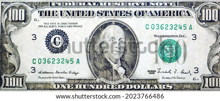 Large fragment of the Obverse side of 100 one hundred dollars bill banknote series 1988 with the portrait of president Benjamin Franklin, old American money banknote, vintage retro, United States