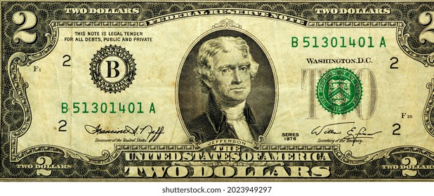 Large Fragment Of The Obverse Side Of 2 Two Dollars Bill Banknote Series 1976 With The Portrait Of President Thomas Jefferson, Old American Money Banknote, Vintage Retro, United States Of America