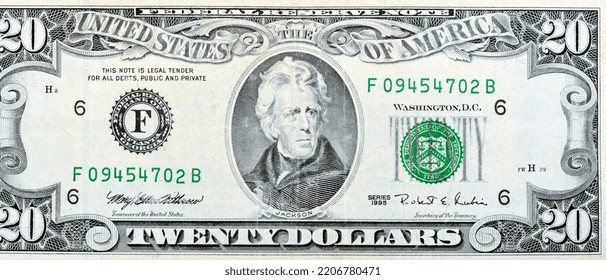 Large Fragment Of The Obverse Side Of 20 Twenty Dollars Bill Banknote Series 1995 With The Portrait Of President Andrew Jackson, Old American Money Banknote, Vintage Retro, United States Of America